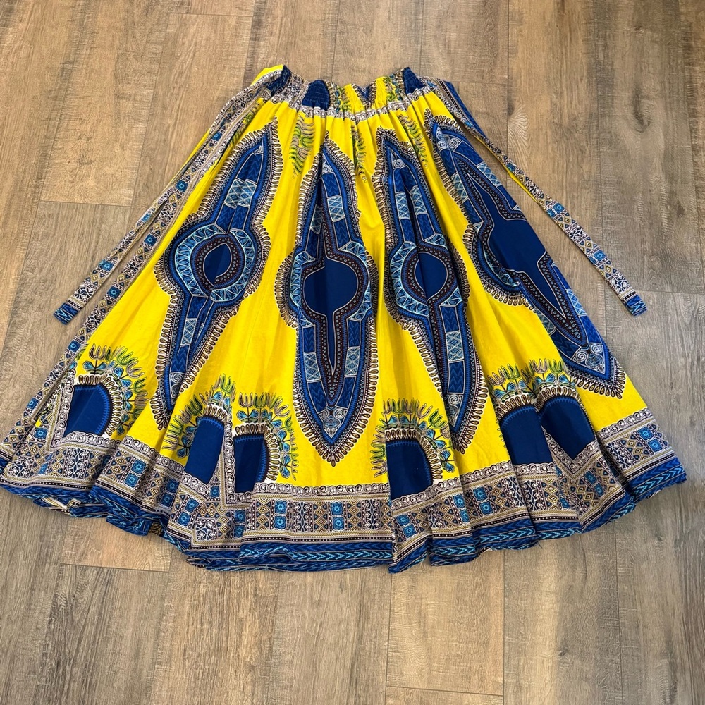 NF Maxi Skirt Patterned Vibrant Blue & Yellow Boho Cotton Women's One Size